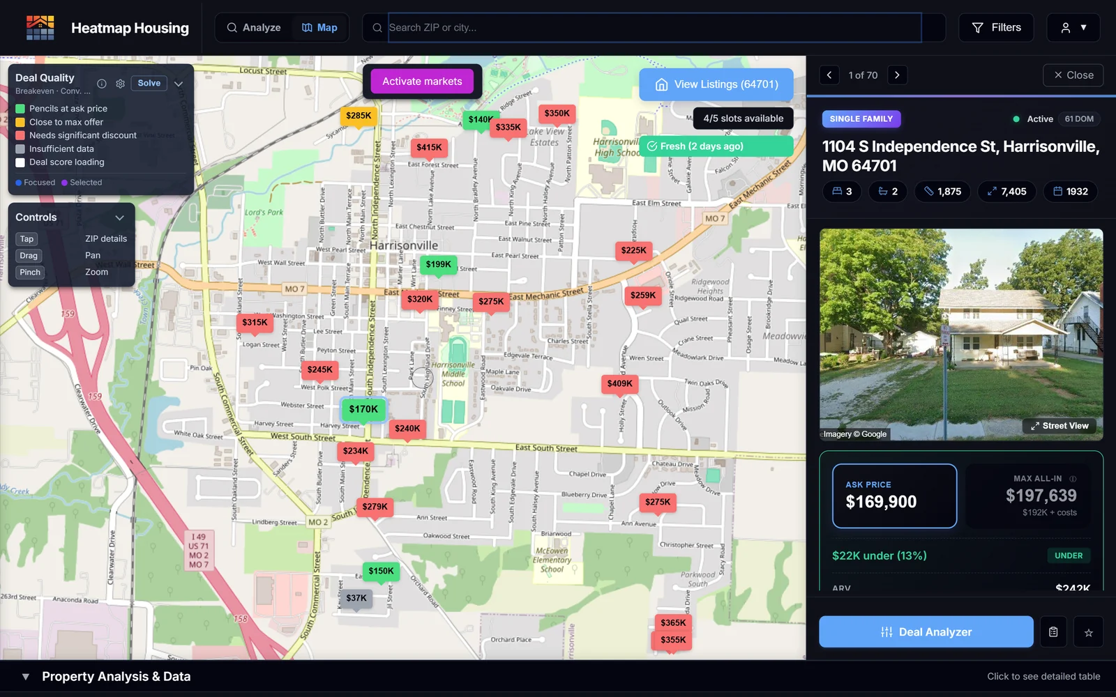 Listings in Harrisonville, MO as price pins colored by deal quality, with one listing open showing its ask and max all-in price