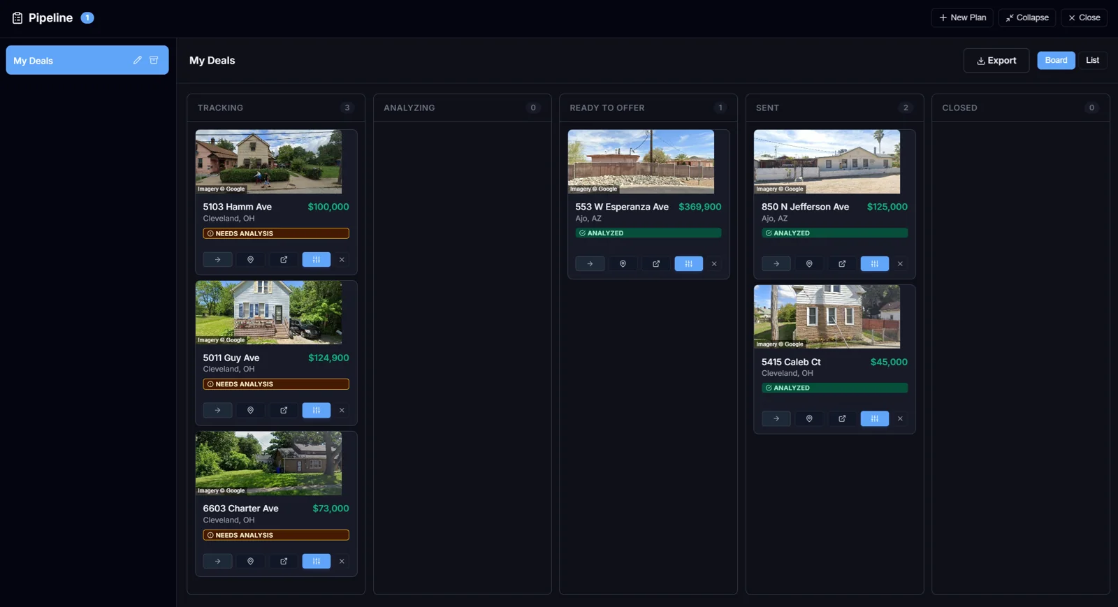 Pipeline board with deals in Tracking, Ready to offer, and Sent columns