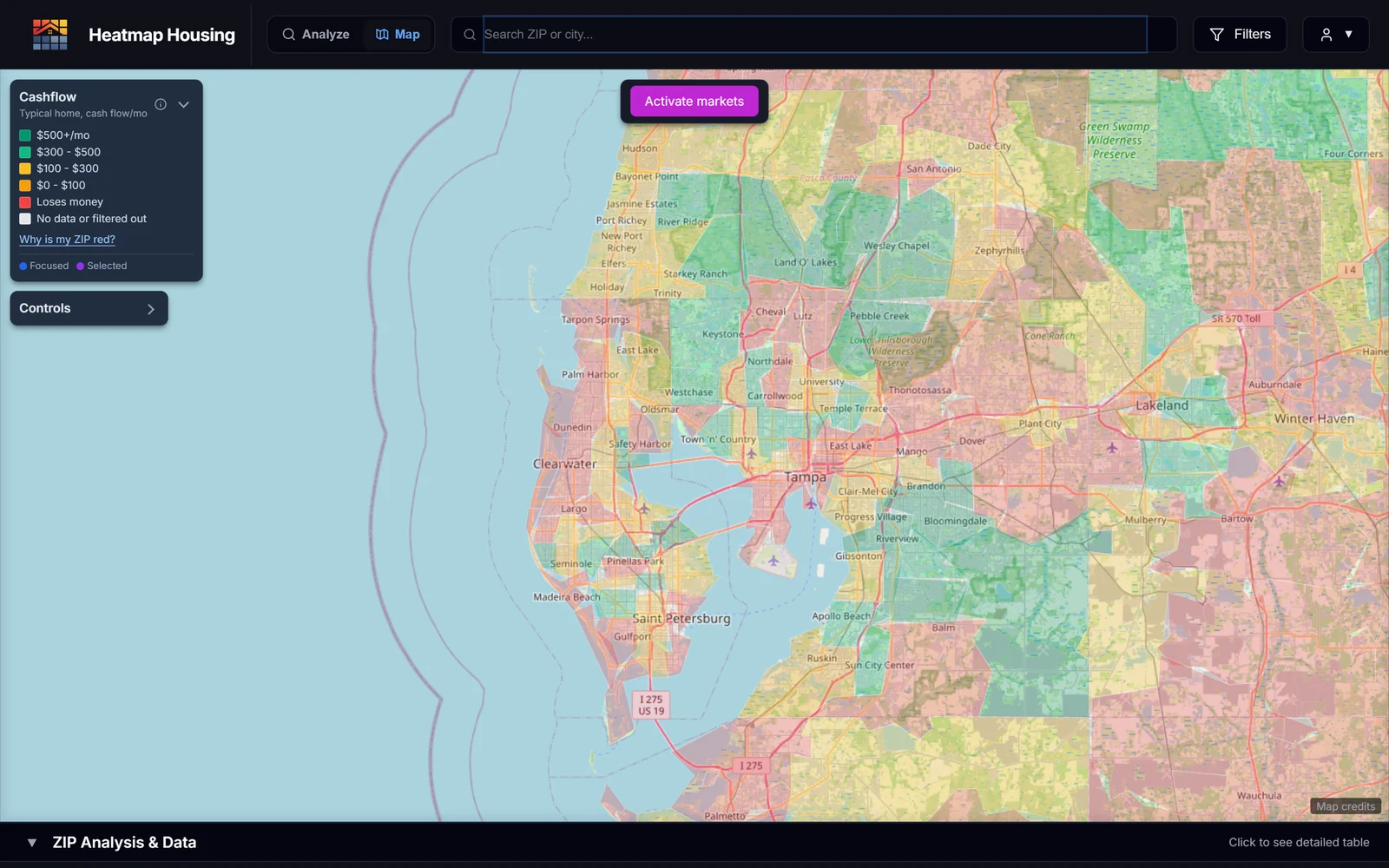 Tampa Bay area map with each ZIP colored by monthly cash flow