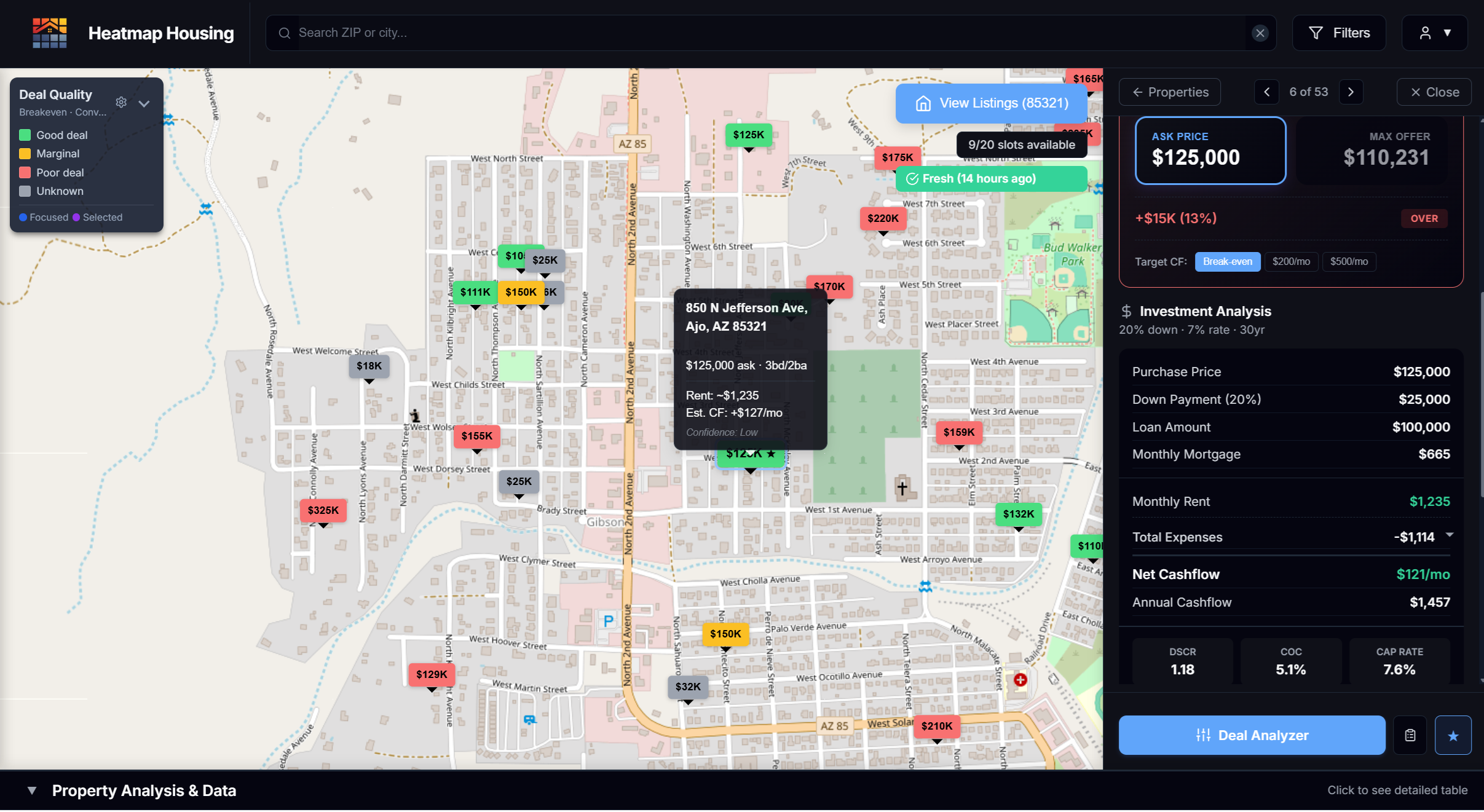 Property-level pins with deal quality scoring and investment analysis