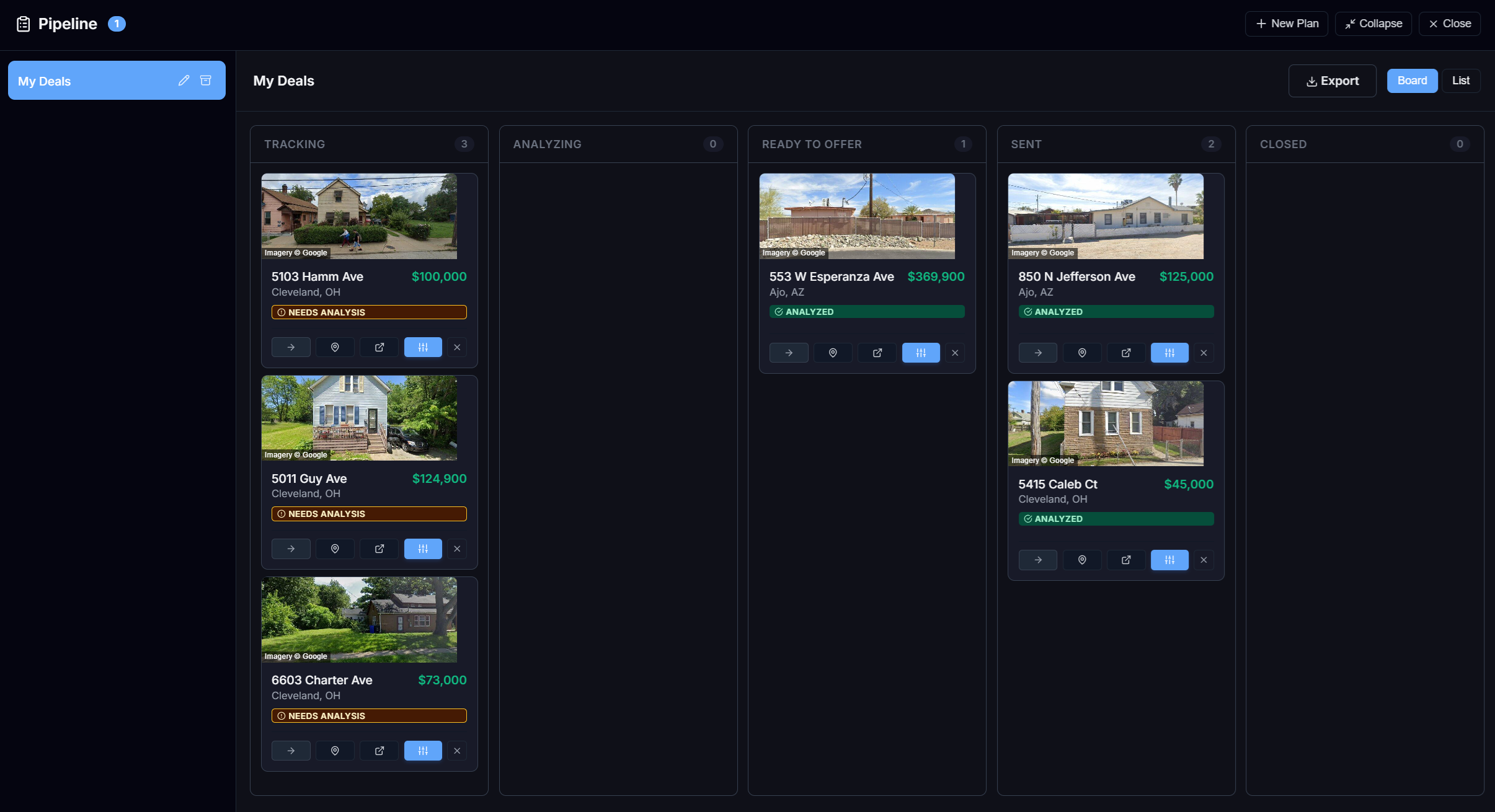 Kanban deal pipeline with tracking, analyzing, and offer stages