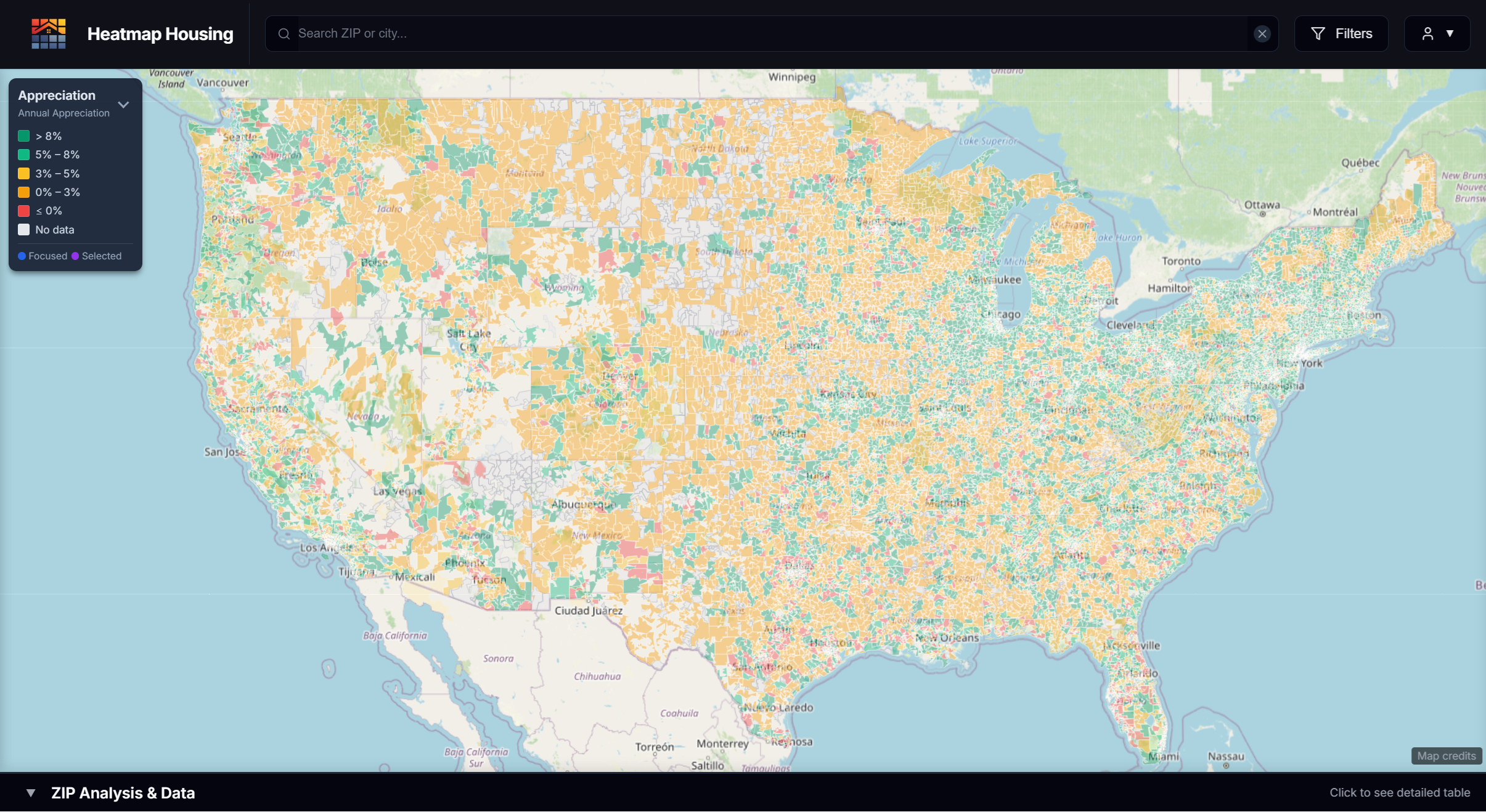 Nationwide investment heatmap with color-coded ZIP codes